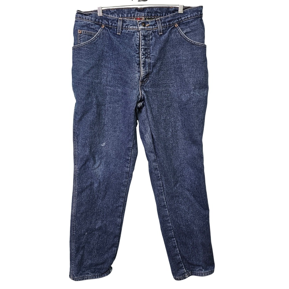 Lands End Mens 38X31 Vintage Plaid Flannel Lined Jeans USA Plaid Dark Wash Denim